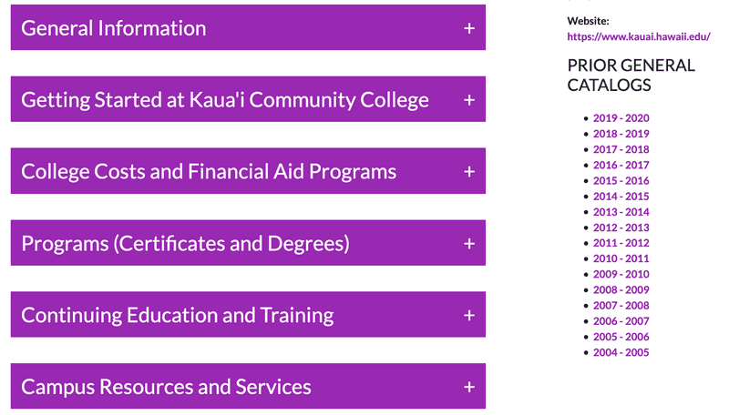 Kauai Community College Academic Catalog Landing Page