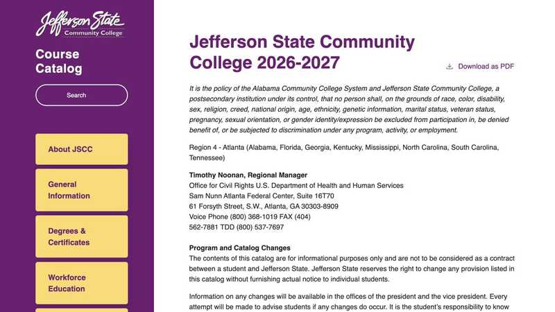 Jefferson State Community College's online catalog, with quick links to catalog sections and a downloadable PDF.