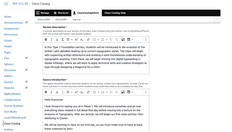 Sample of an integrated syllabus form as a tab withing Canvas.