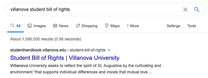 Villanova Student Bill of Rights Search Result
