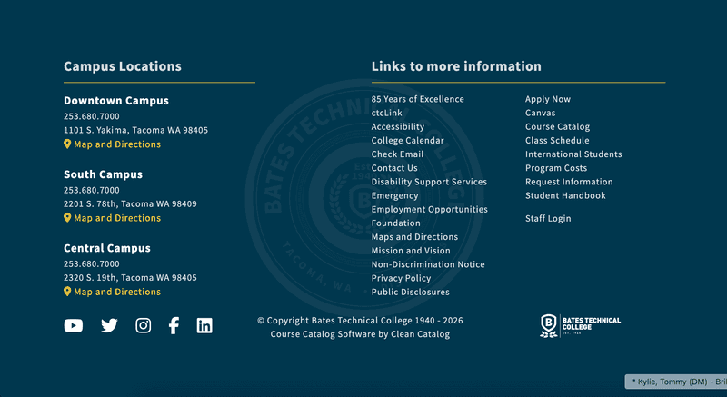 Bates Technical College catalog footer