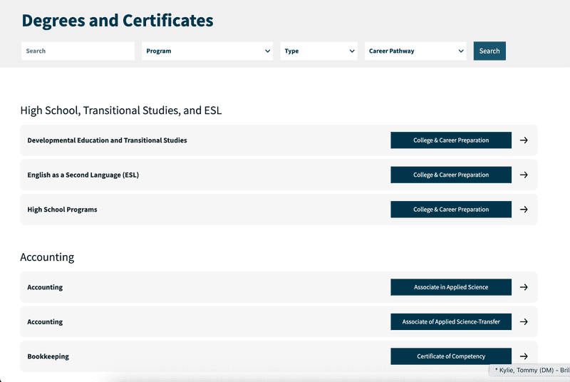 Bates Technical College degrees page