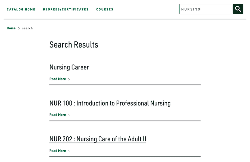 Sample search results for "nursing" on a catalog