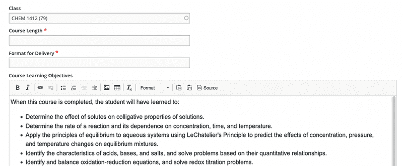 Section of a syllabus form with required fields.