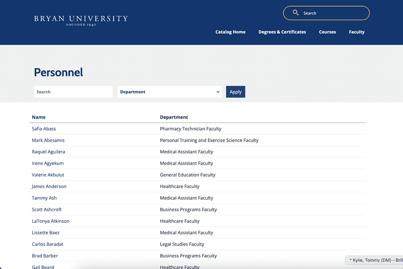 Bryan University personnel or listing page