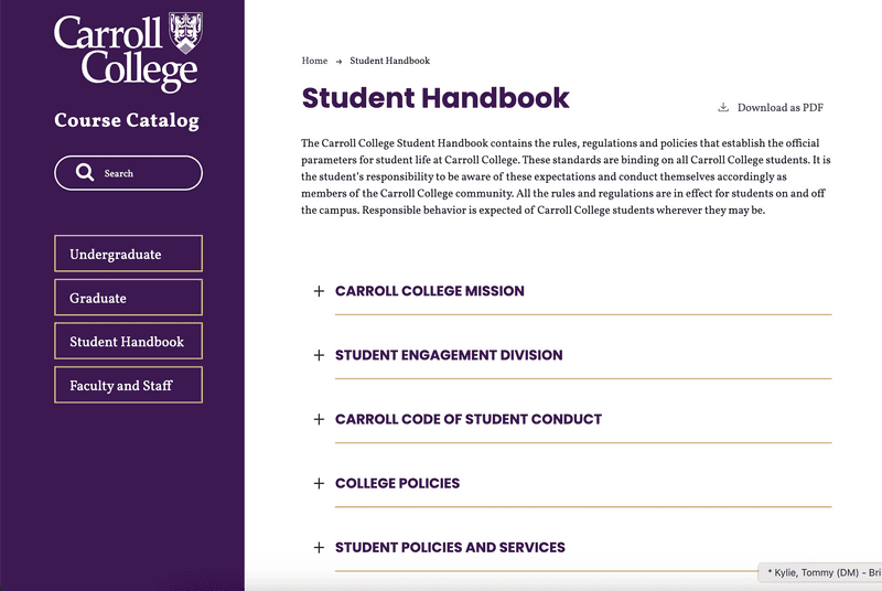 Carroll College handbook link
