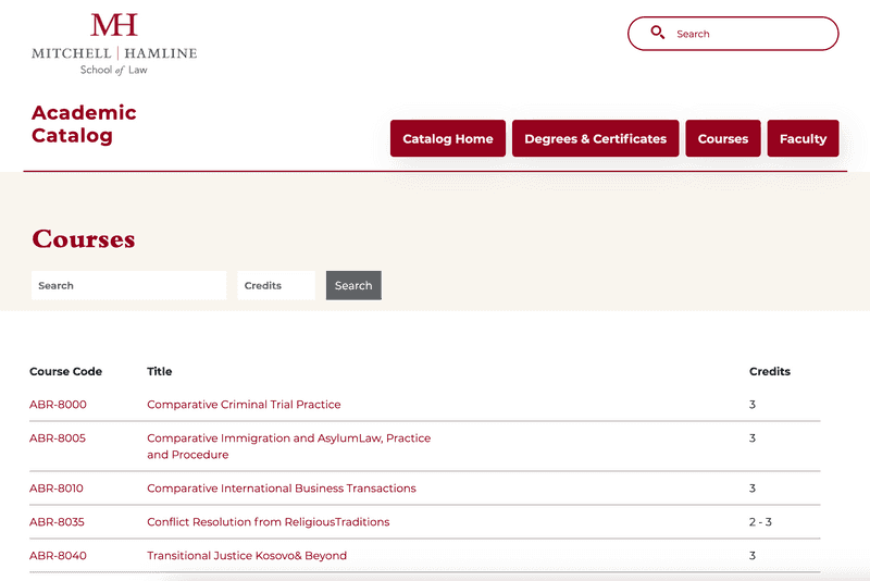 Mitchell Hamline courses page