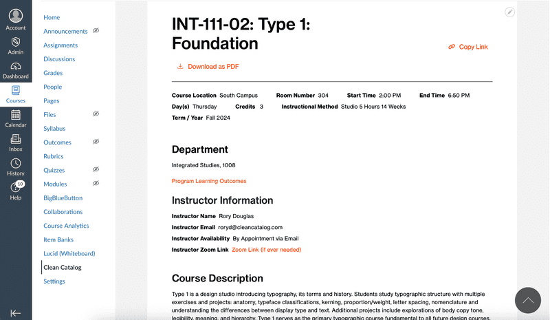Sample of a syllabus view from within Canvas.