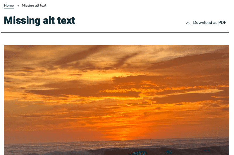 Sample page showing an ocean sunset image without alt text